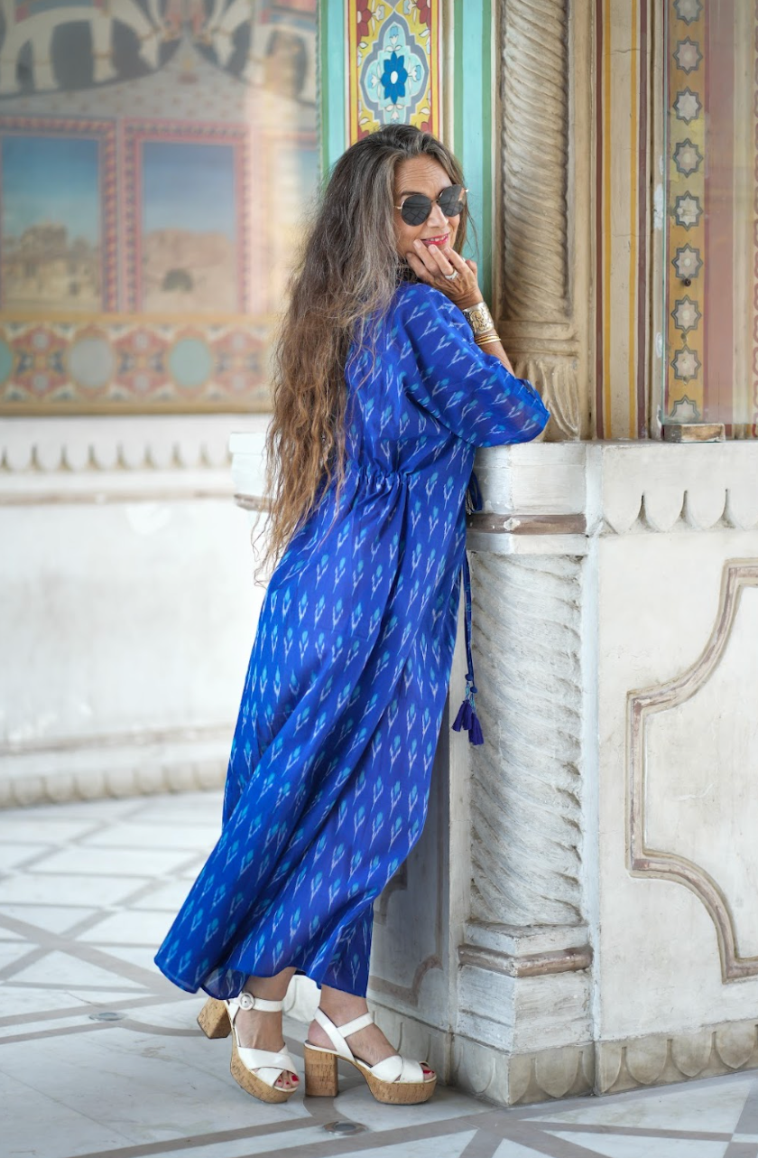 Brindisi Blue Handwoven Cotton Ikat Maxi Kaftan Dress Final Sale