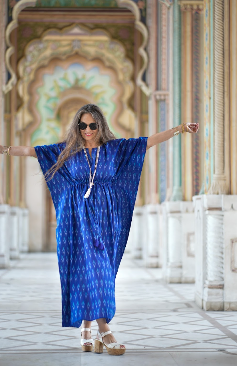 Brindisi Blue Handwoven Cotton Ikat Maxi Kaftan Dress Final Sale