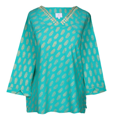 Sheba Turquoise Embroidered Metallic Blouse