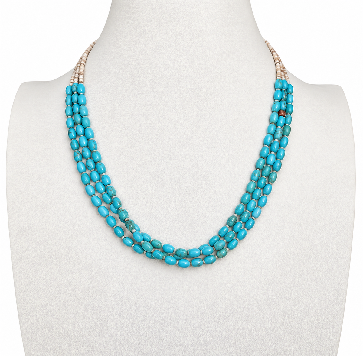 Sleeping Beauty Turquoise and Heishi Shell Three Strand Choker Necklace Santo Domingo