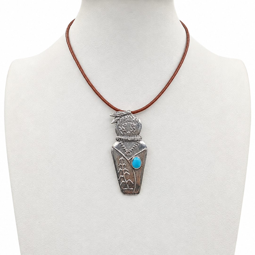 Sleeping Beauty Turquoise and Silver Navajo Corn Maiden Necklace Tufa Cast