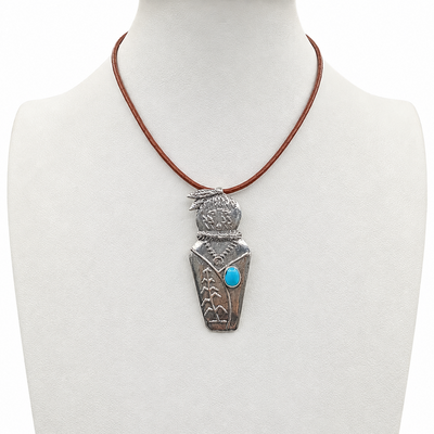 Sleeping Beauty Turquoise and Silver Navajo Corn Maiden Necklace Tufa Cast
