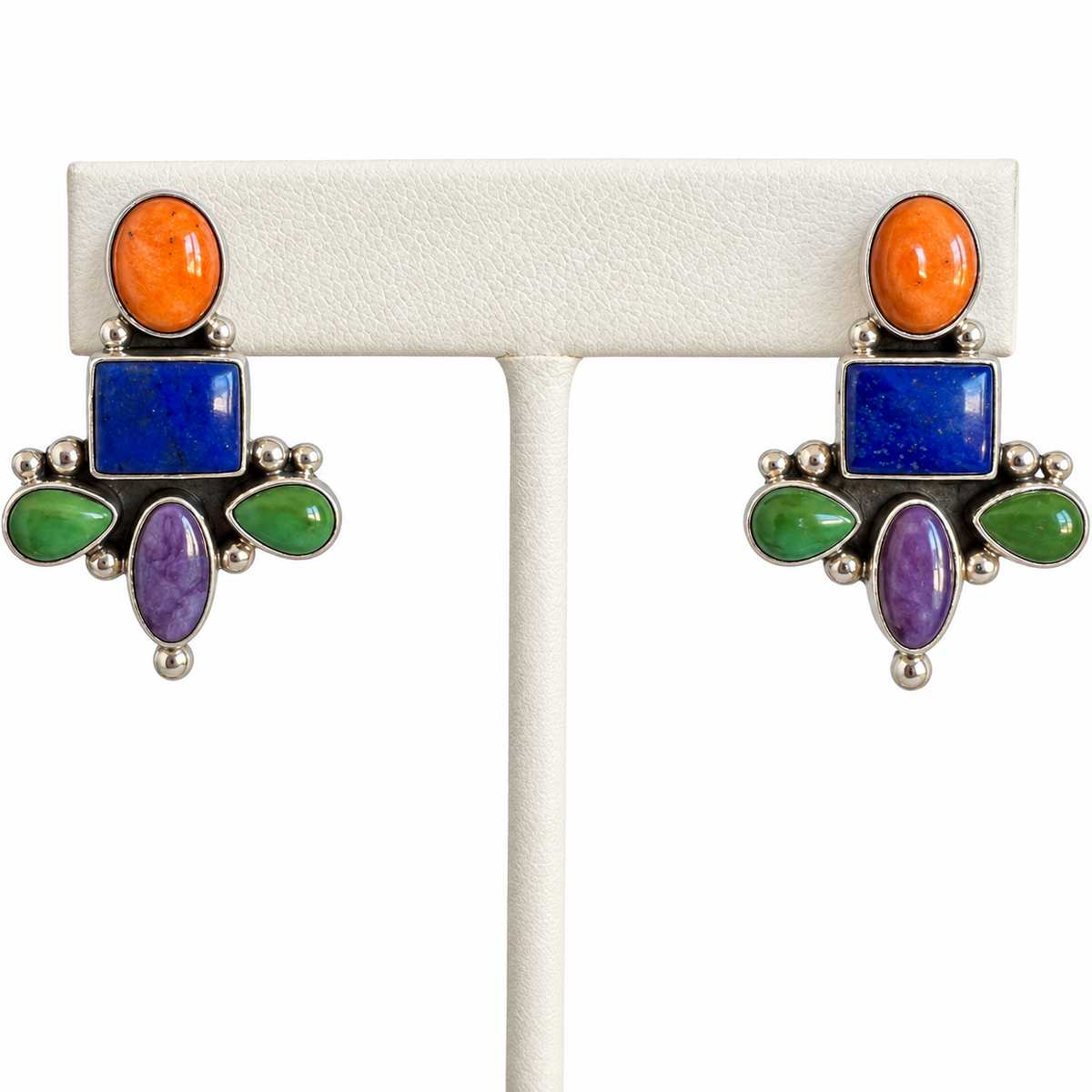Royston Turquoise, Lapis, Orange Spiny Oyster and Silver Multi stone Earrings Navajo