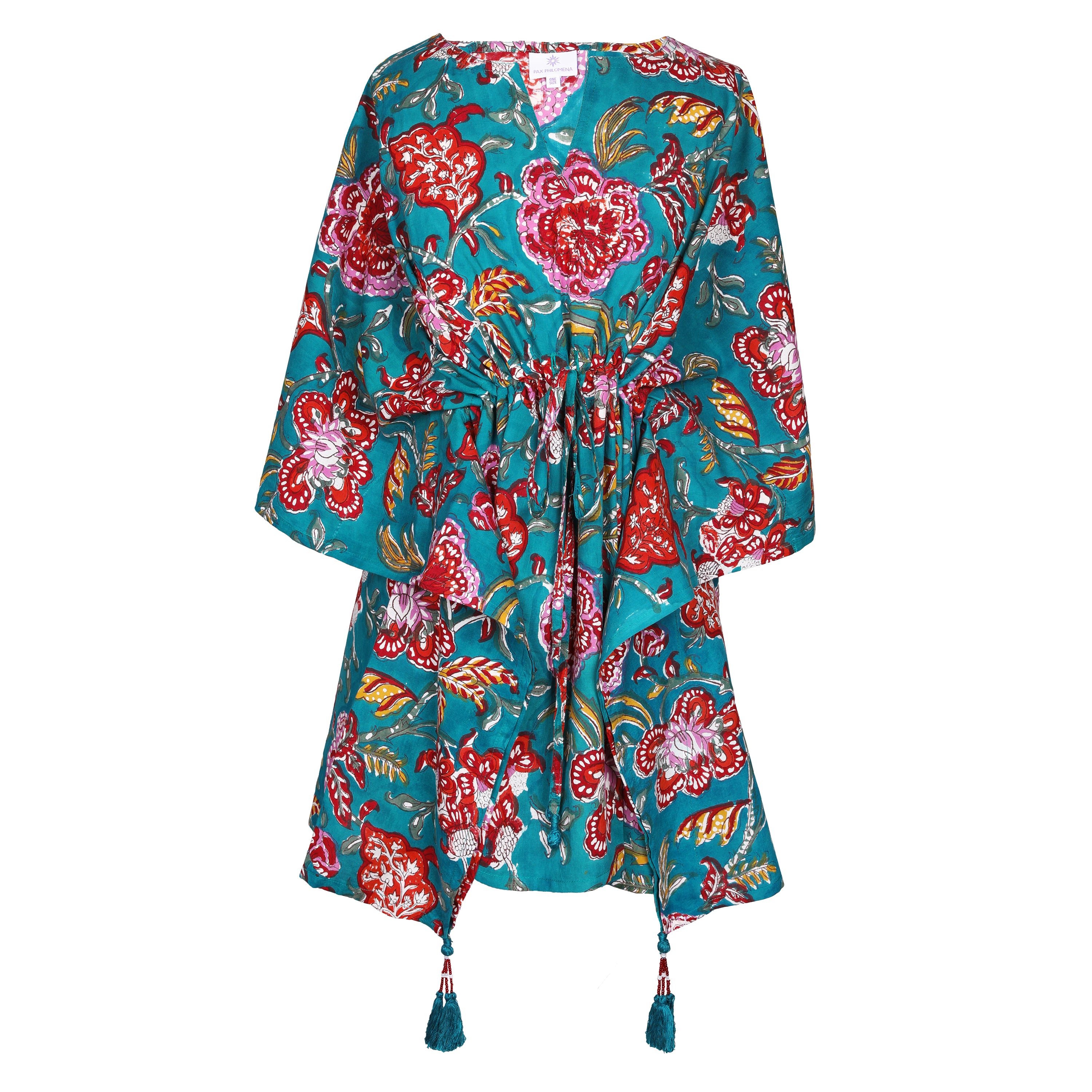 Tahitian Teal Floral Short Kaftan Dress