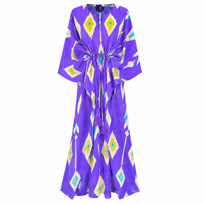 Tashkent Purple Ikat Italian Silk Maxi Kaftan