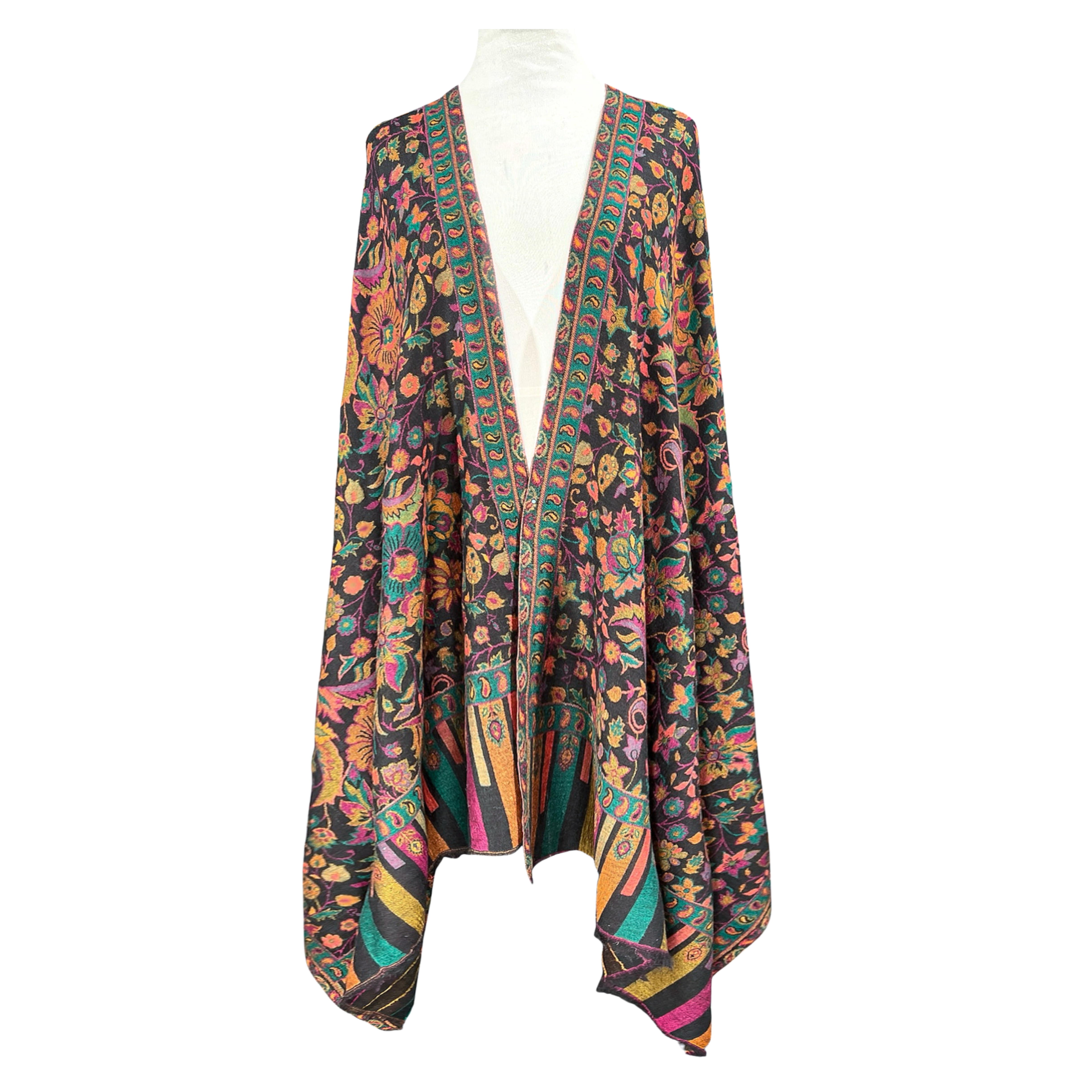 Black and Teal Floral Kani Shawl Fine Wool one of a Kind