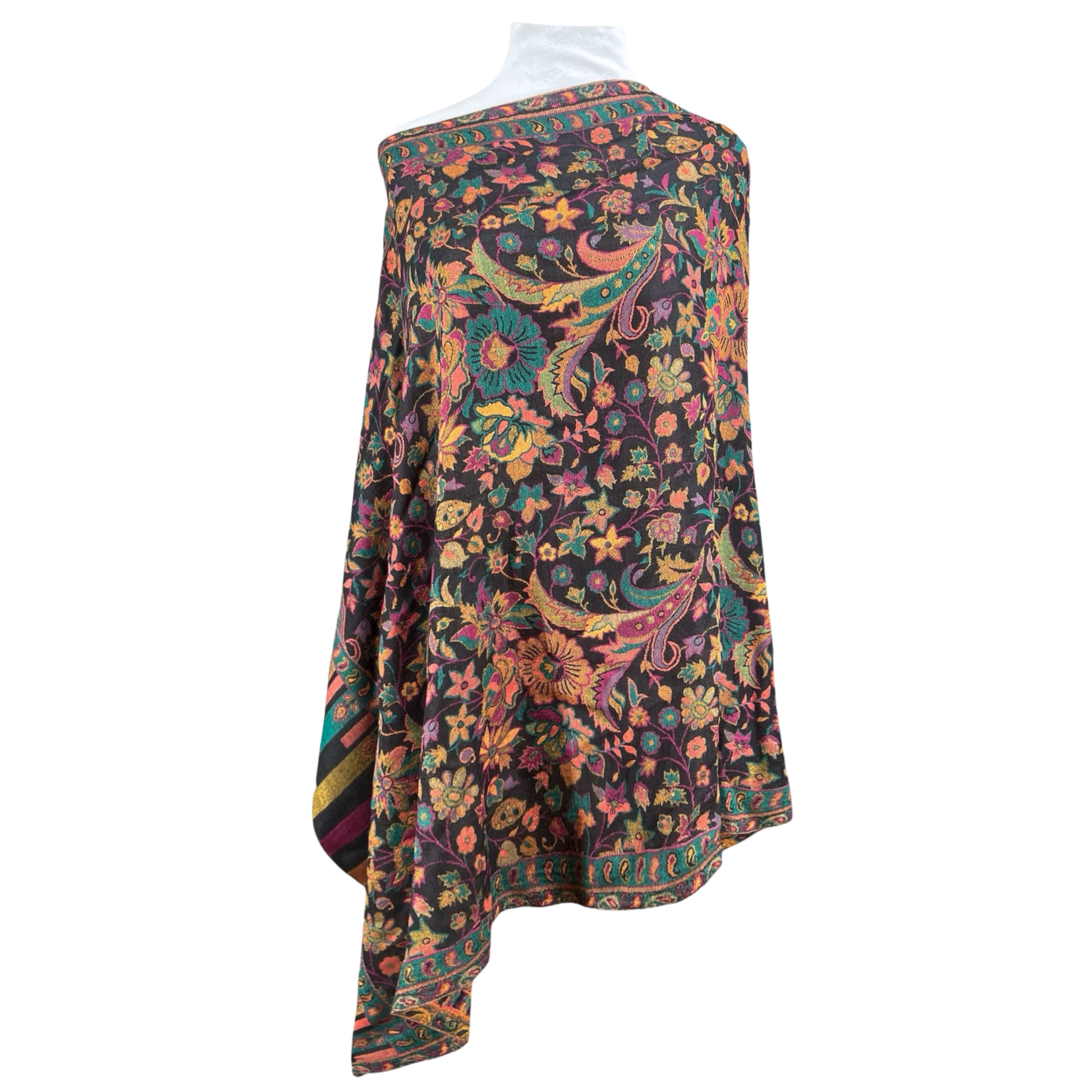 Black and Teal Floral Kani Shawl Fine Wool one of a Kind