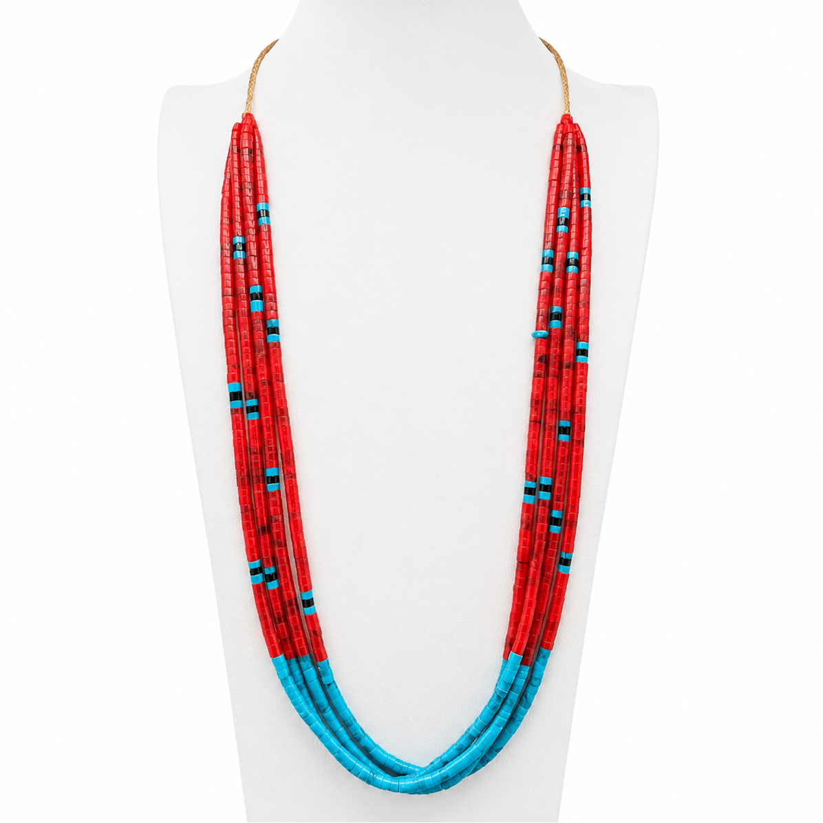 Turquoise and Apple Coral Four Strand Santo Domingo Necklace
