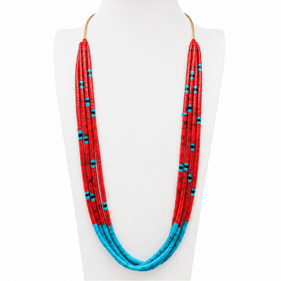Turquoise and Apple Coral Four Strand Santo Domingo Necklace