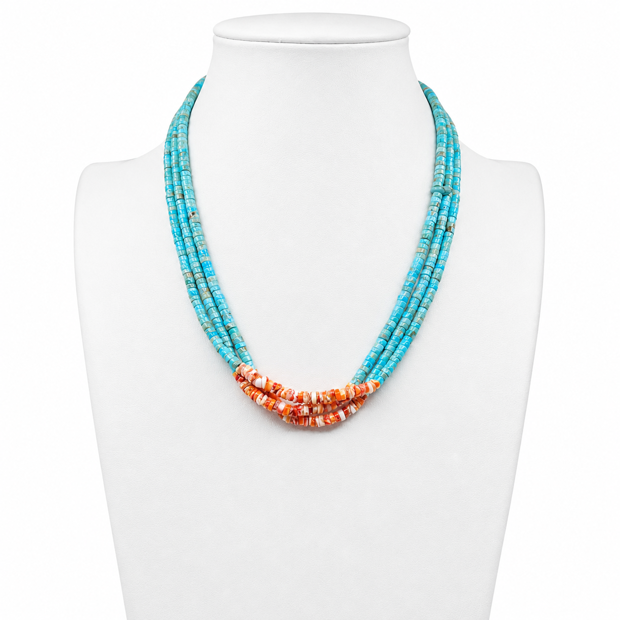 Turquoise, Orange Spiny Oyster, and Heishi Santo Domingo Necklace