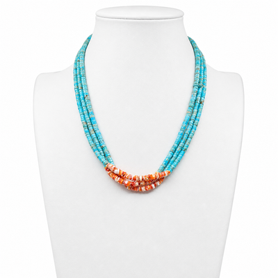 Turquoise, Orange Spiny Oyster, and Heishi Santo Domingo Necklace