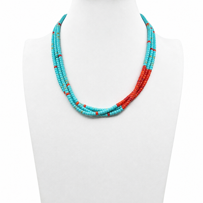Turquoise and Apple Coral and Heishi Necklace Santo Domingo