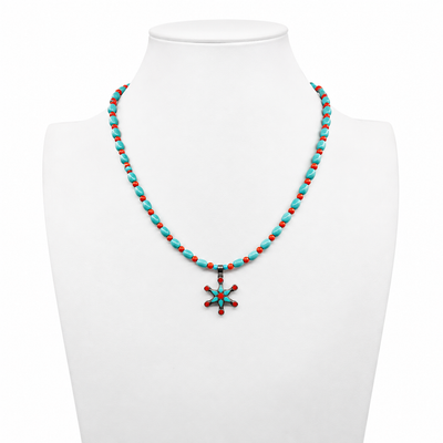 Vintage Zuni Inlay Turquoise And Coral Necklace