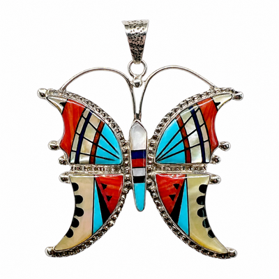 Vintage Zuni Inlay Butterfly Pendant Sterling Silver, Turquoise, Coral, MOP