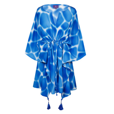 ZIRAFA GIRAFFA POOL BLUE ITALIAN SILK SHORT KAFTAN DRESS