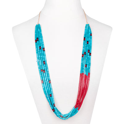 Heishi Five Strand Turquoise and Coral Necklace