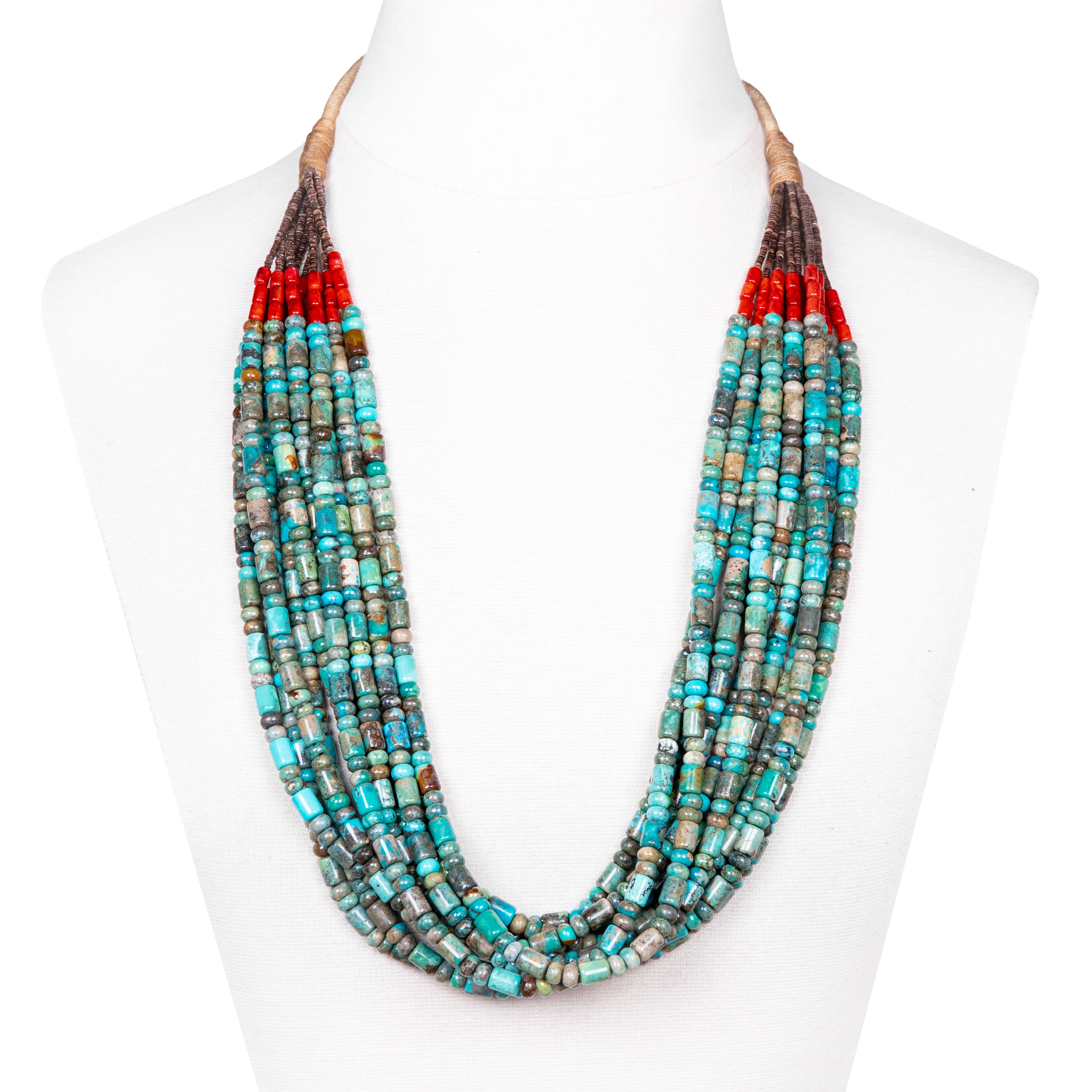 Royston Turquoise and Coral Ten Strand Necklace