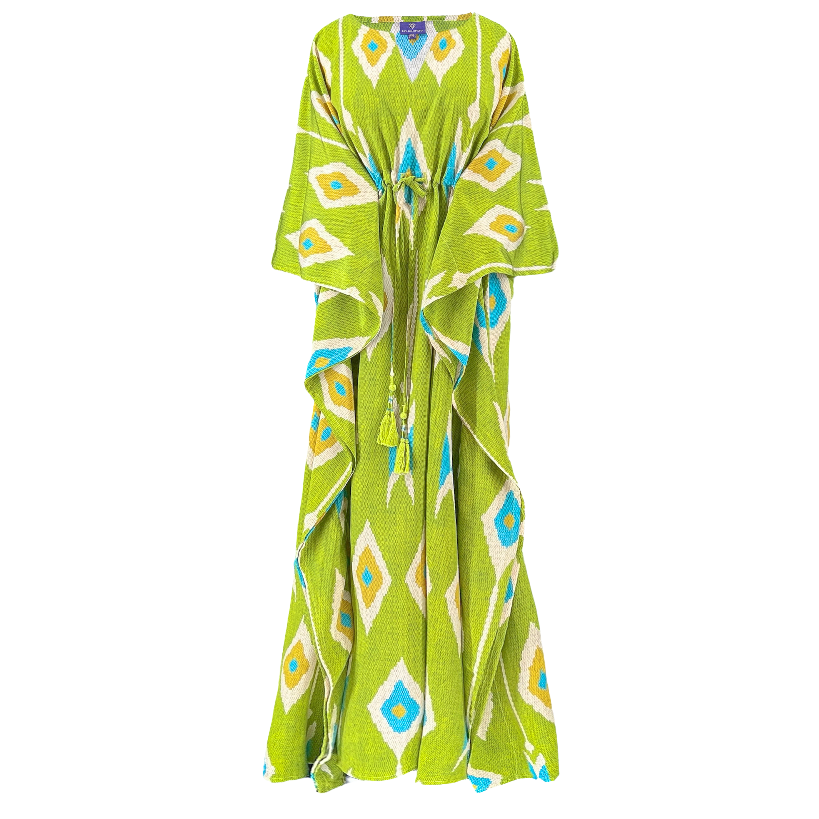Tashkent Lime Green Ikat Italian Silk Maxi Kaftan