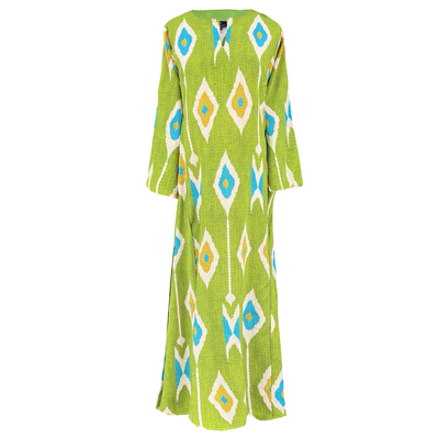 Tashkent Lime Green Ikat Italian Silk Long Tunic Dress