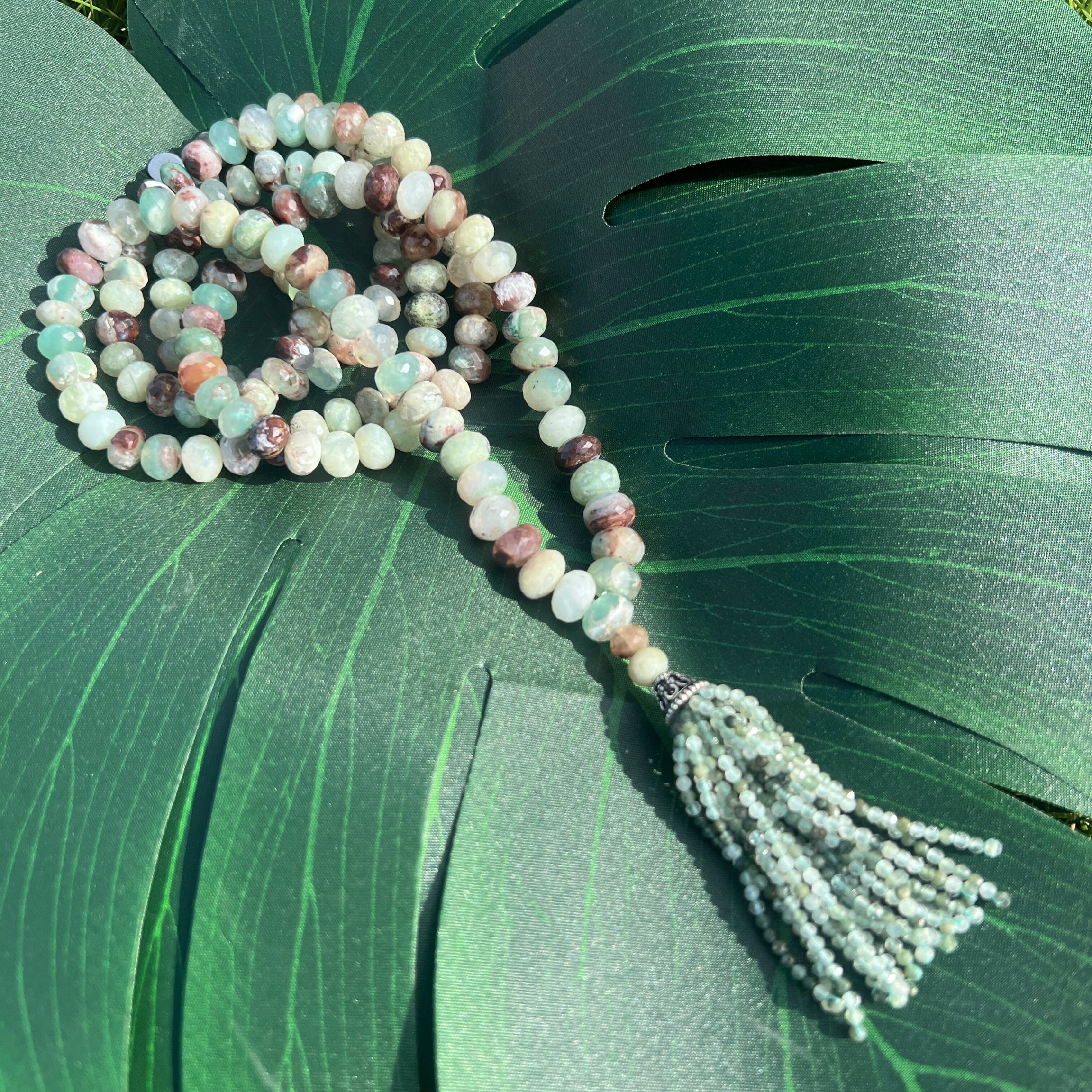 Rare Faceted Aquaprase Tassel Mala Necklace