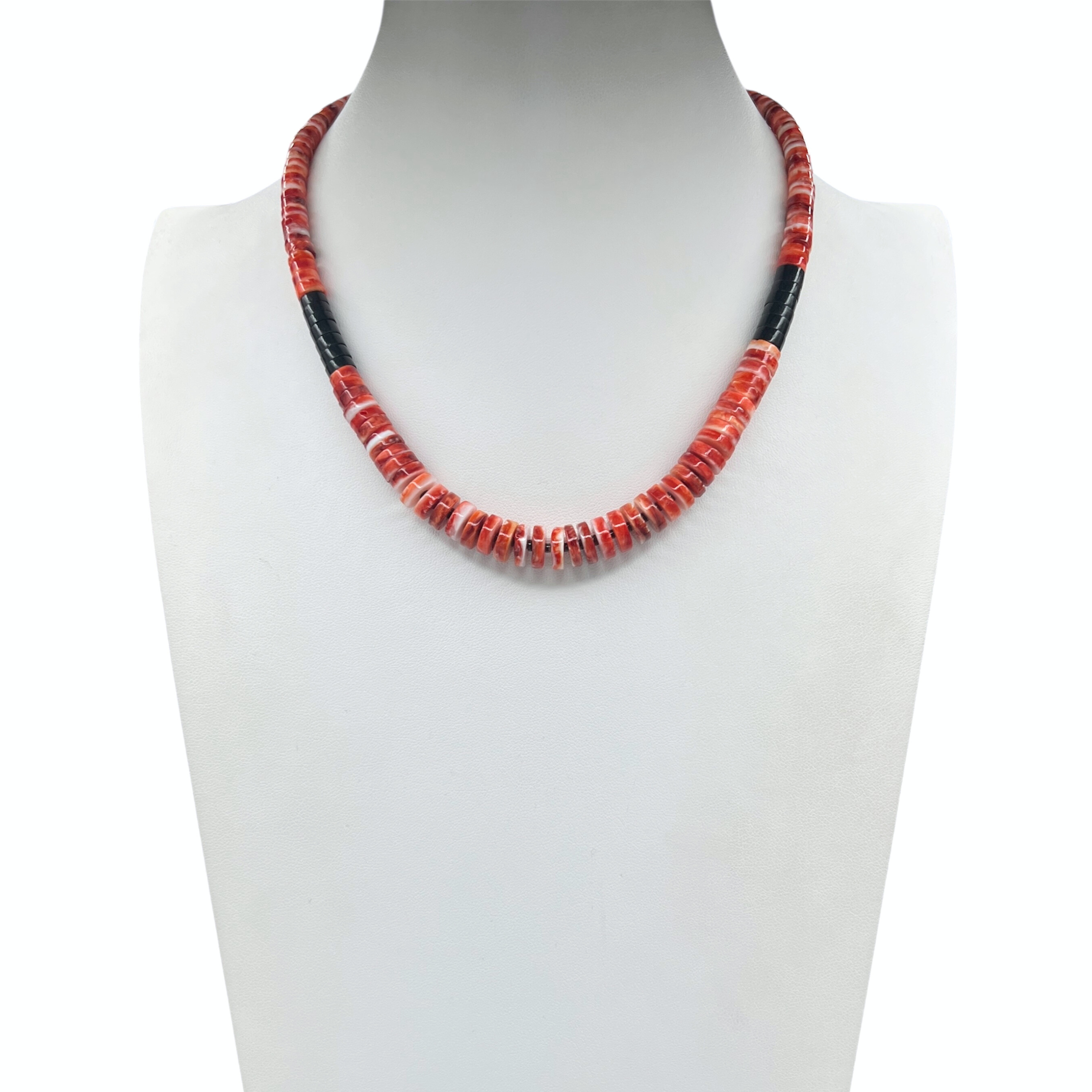 Rare Red Spiny Oyster and Black Jet Graduated Necklace Santo Domingo