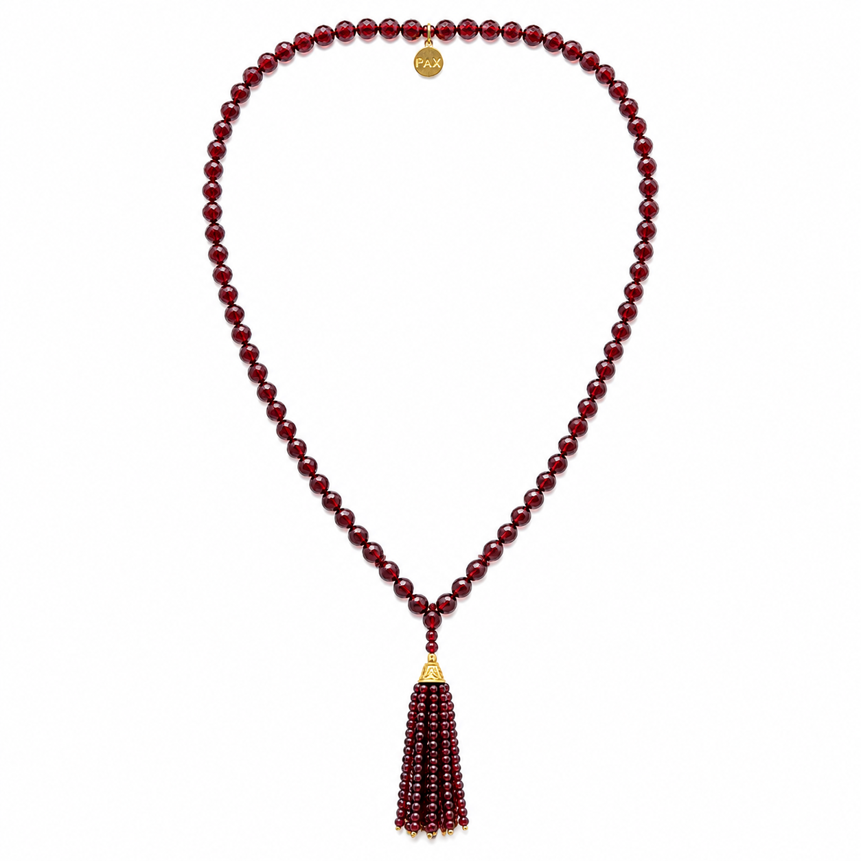 Pyrope Garnet Faceted Tassel Mala Necklace with 18kt Gold