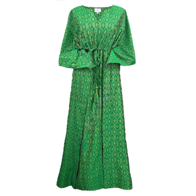 Govind Green Silk Cotton Ikat Maxi Kaftan Dress One of a Kind
