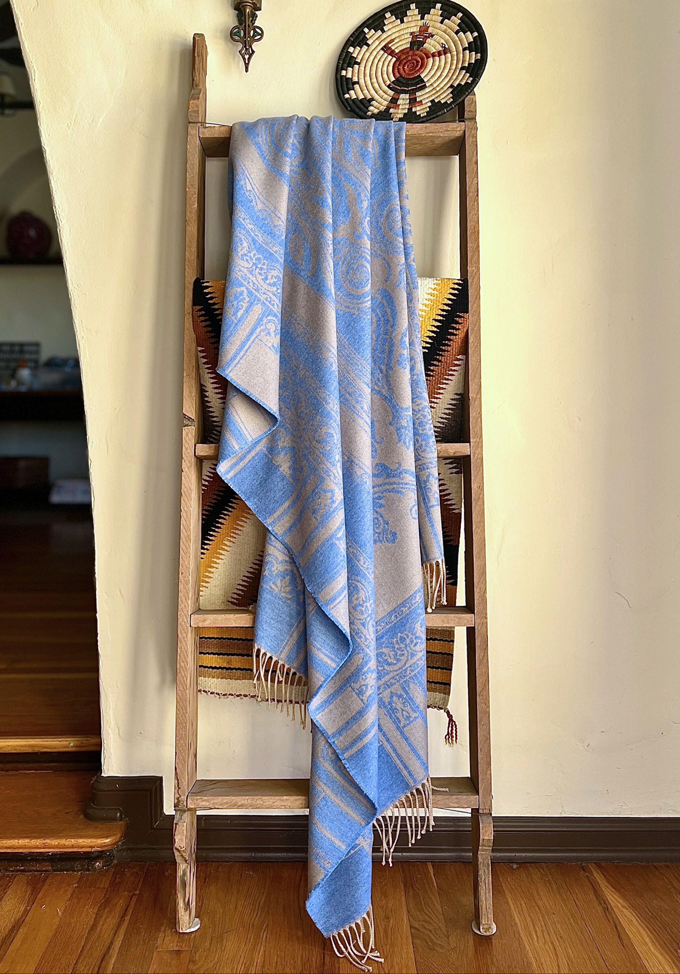 Italian Paisley Cashmere Wool Powder Blue Throw Blanket