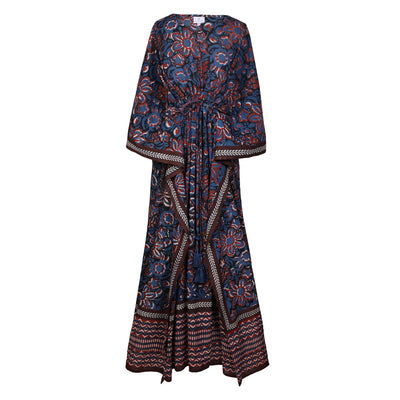 Indigo Blue Floral Maxi Kaftan Cotton