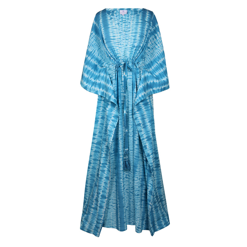 Corfu Teal Needle Shibori Maxi Kaftan Dress