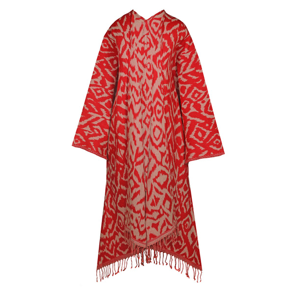 Cheryl Ikat Geranium Boiled Wool Kimono Coat Reversible