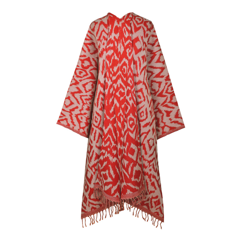Cheryl Ikat Geranium Boiled Wool Kimono Coat Reversible