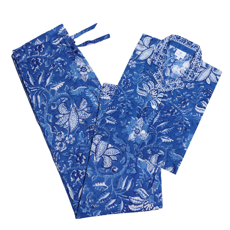 Deep Blue Cotton  Floral Pajama Long Sleeve