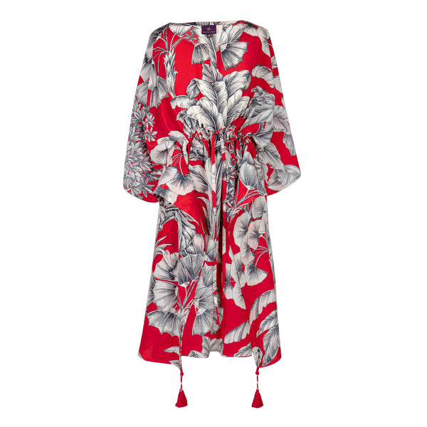Giardino Rosso Italian Silk Midi Kaftan Dress