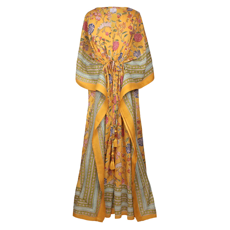golden yellow block printed floral maxi kaftan dress by pax philomena with intricate border and adjustable drawstring waist with intricate tassels