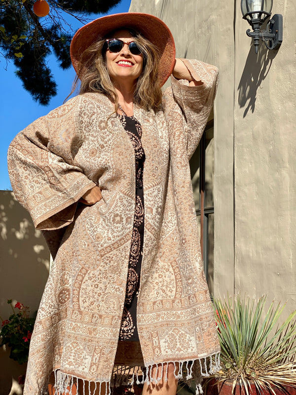 Pink City Paisley Wool Kimono Coat Reversible
