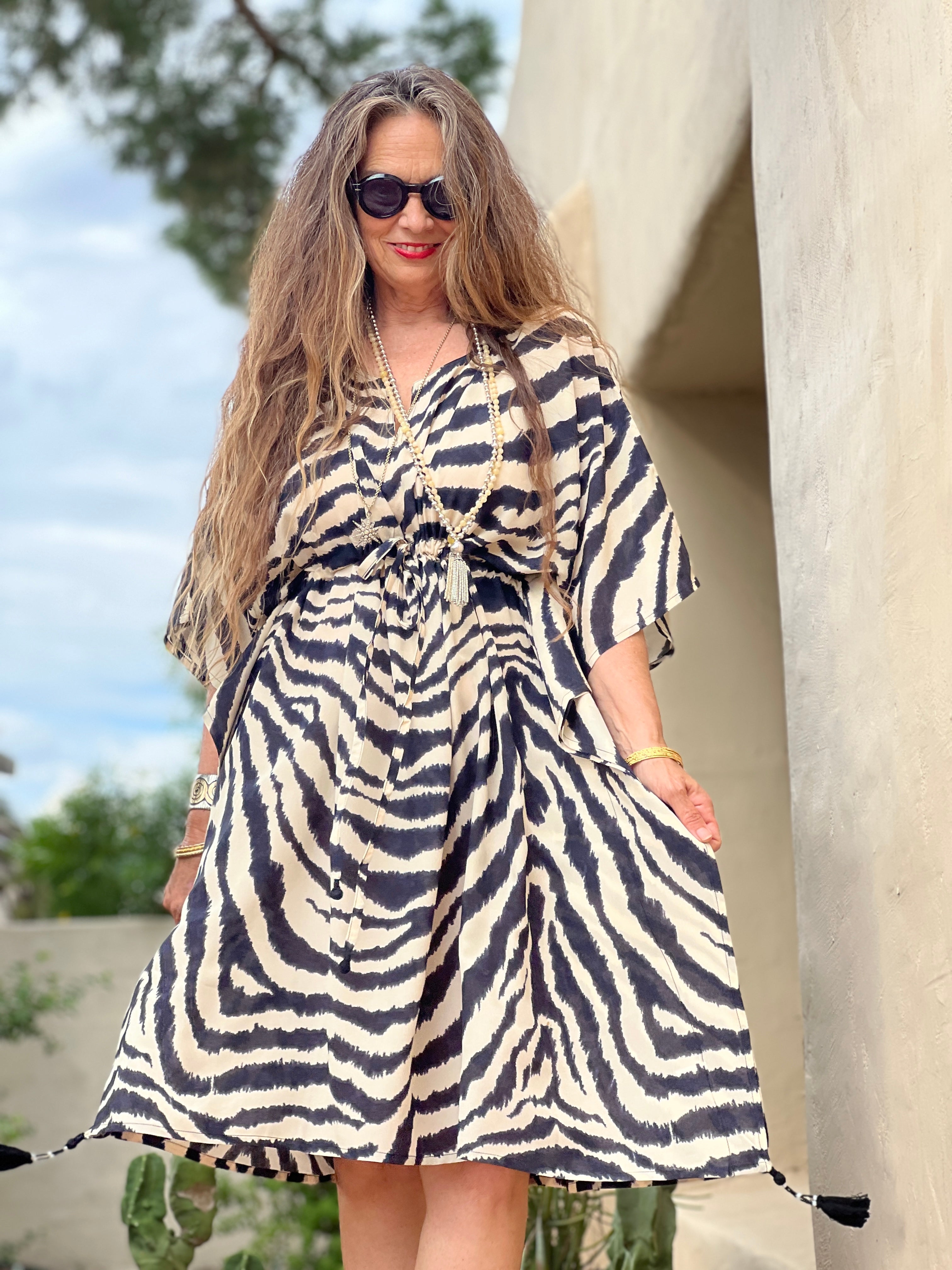 Zebra Carbone Italian Silk Midi Kaftan Dress