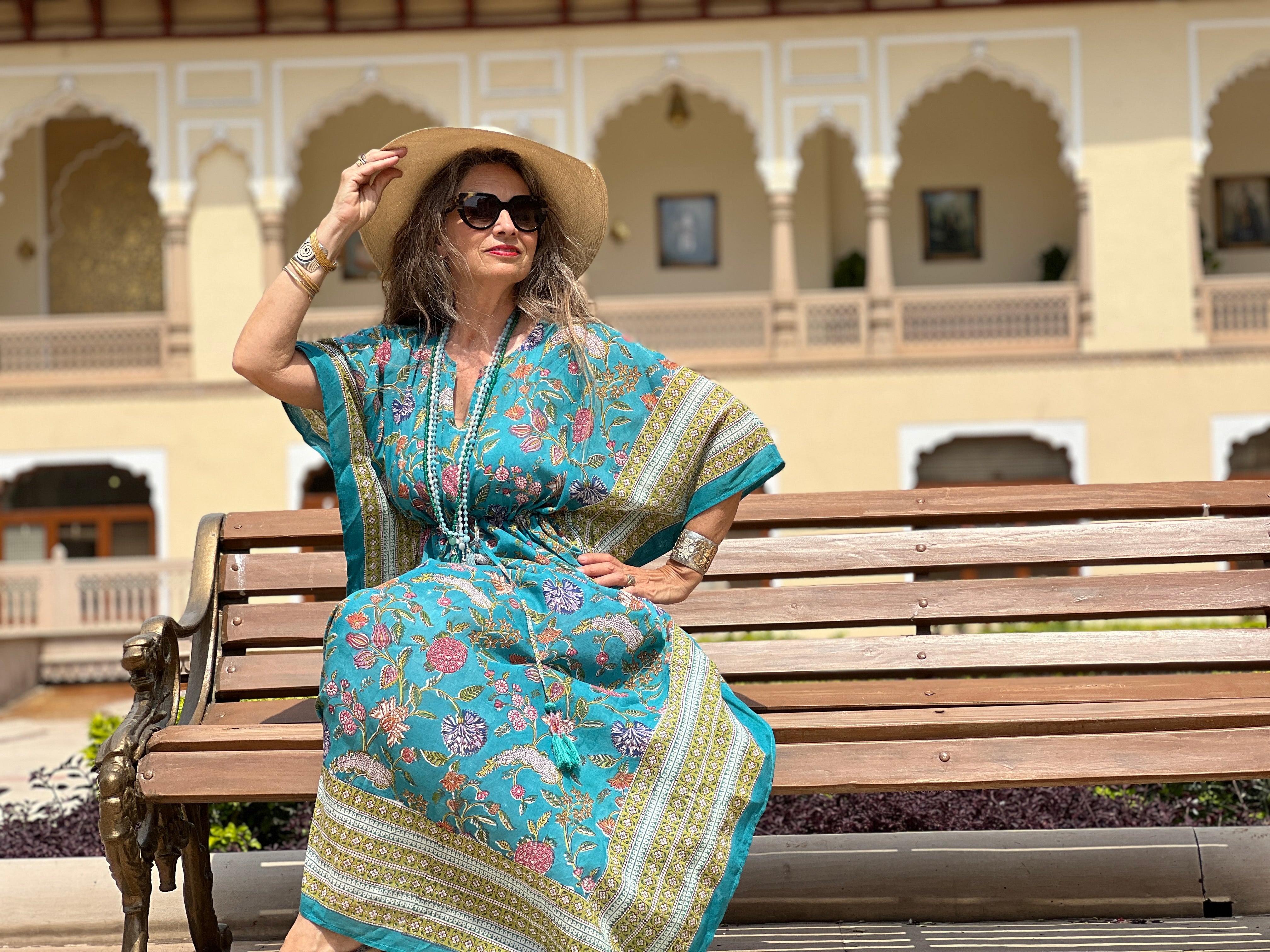 teal block printed floral maxi kaftan dress by pax philomena with intricate border and adjustable drawstring waist with intricate tassels