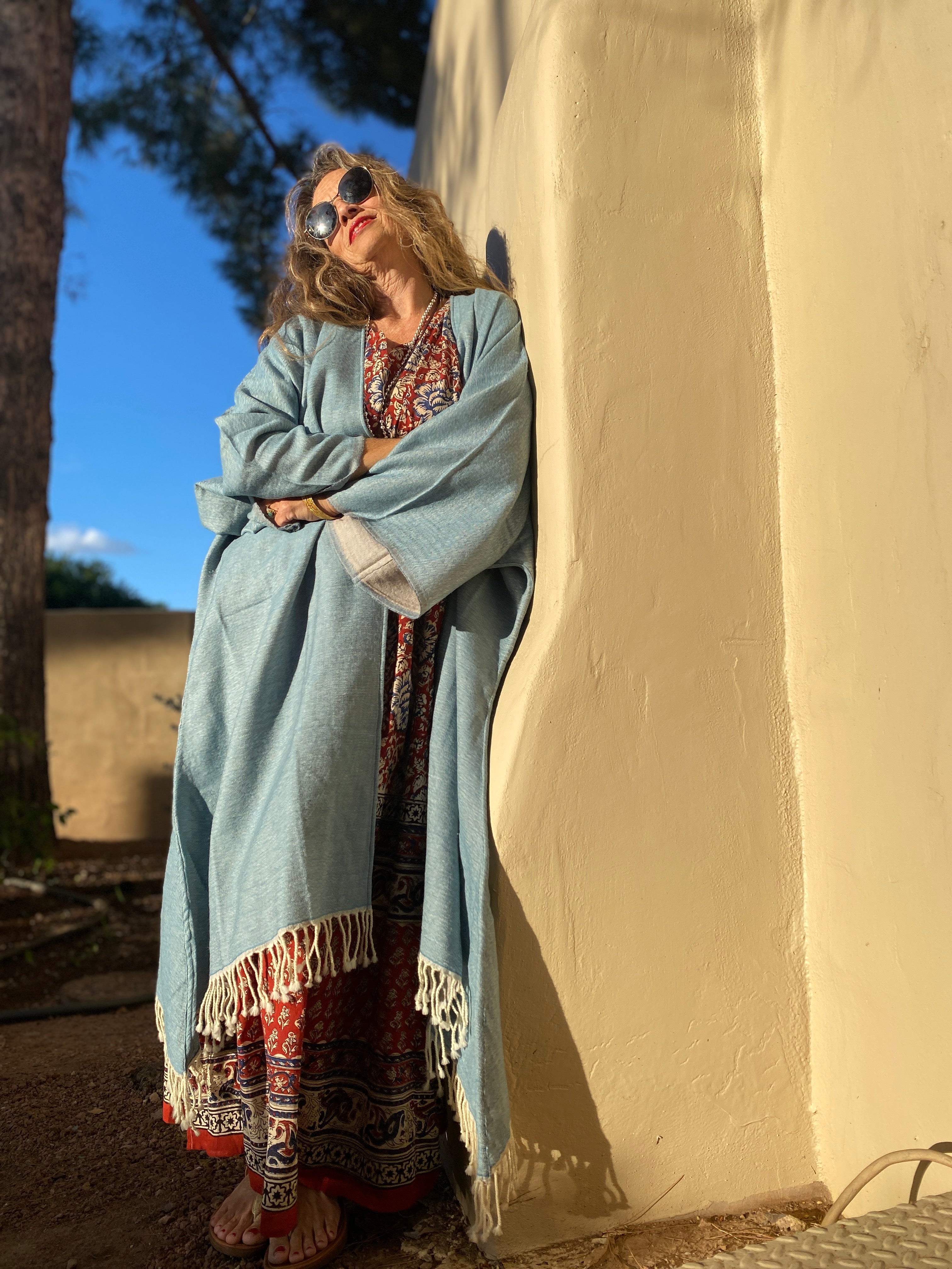 Bluette/Beige Boiled Wool Kimono Coat Reversible