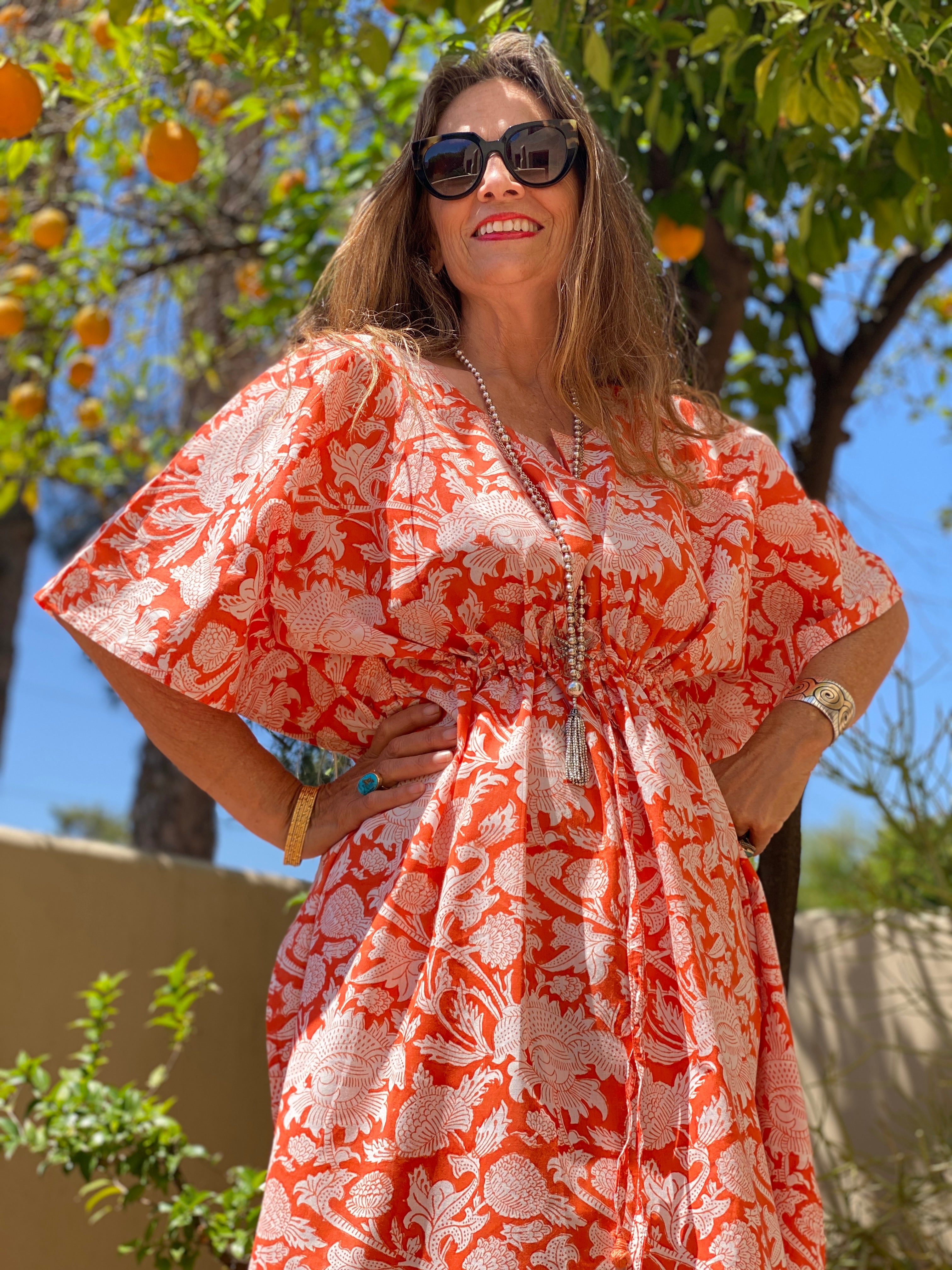 Laura Tangerine Floral Maxi Kaftan Dress