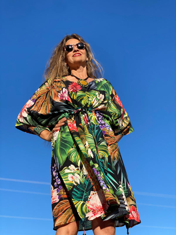 Black Botanica Italian Silk Midi Kaftan Dress