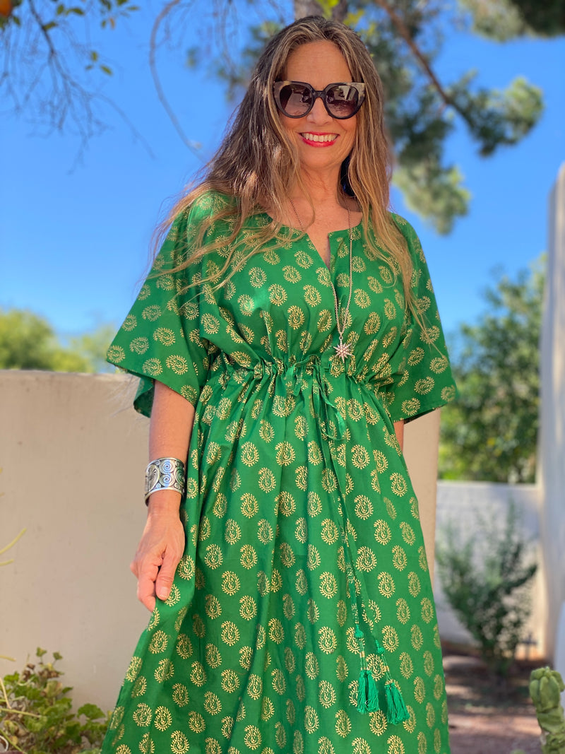 Elizabeth Emerald Paisley Midi Kaftan Dress