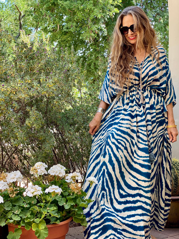Zebra Petrolio Italian Silk Maxi Kaftan Dress
