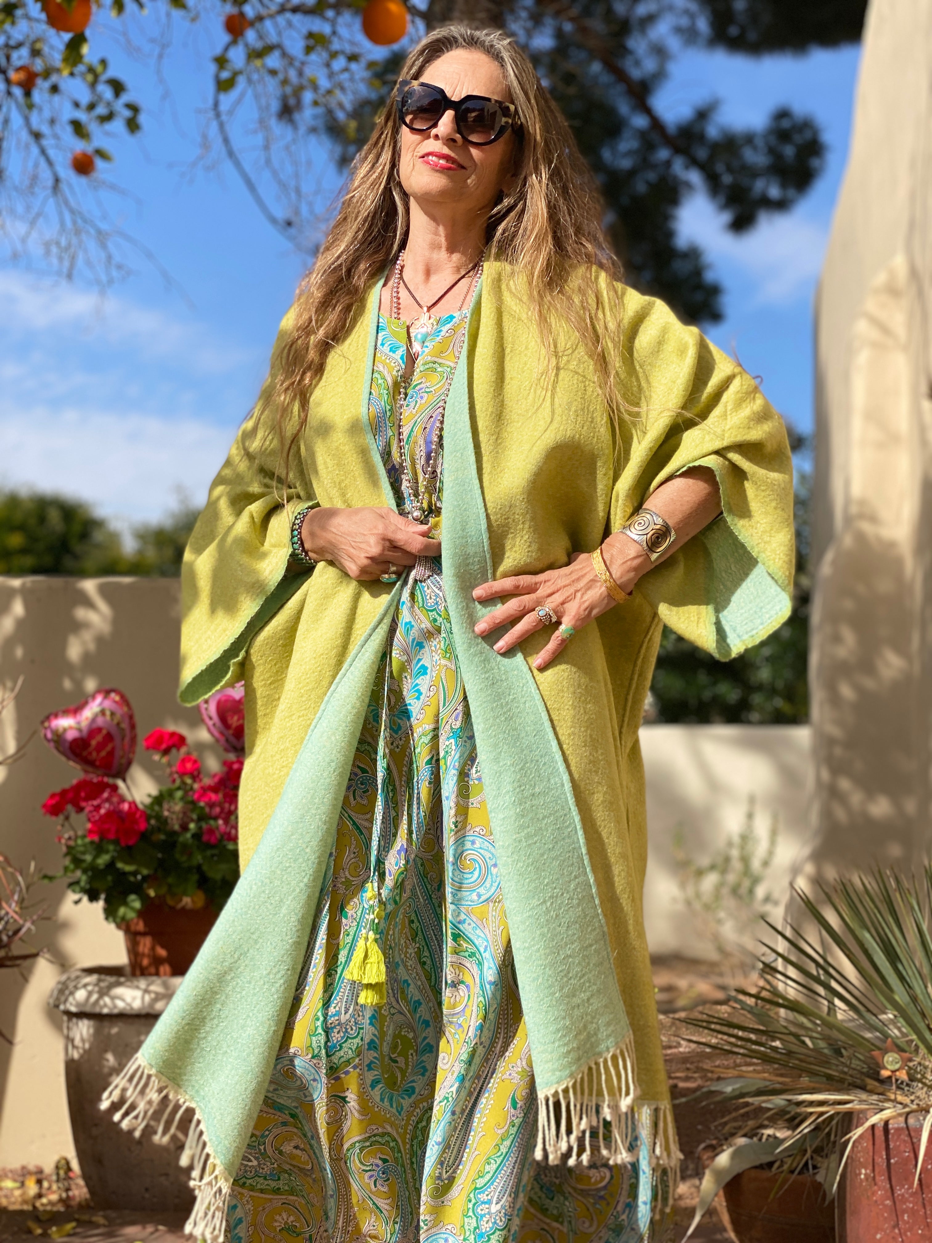 Aqua-Lime Boiled Wool Kimono Coat Reversible