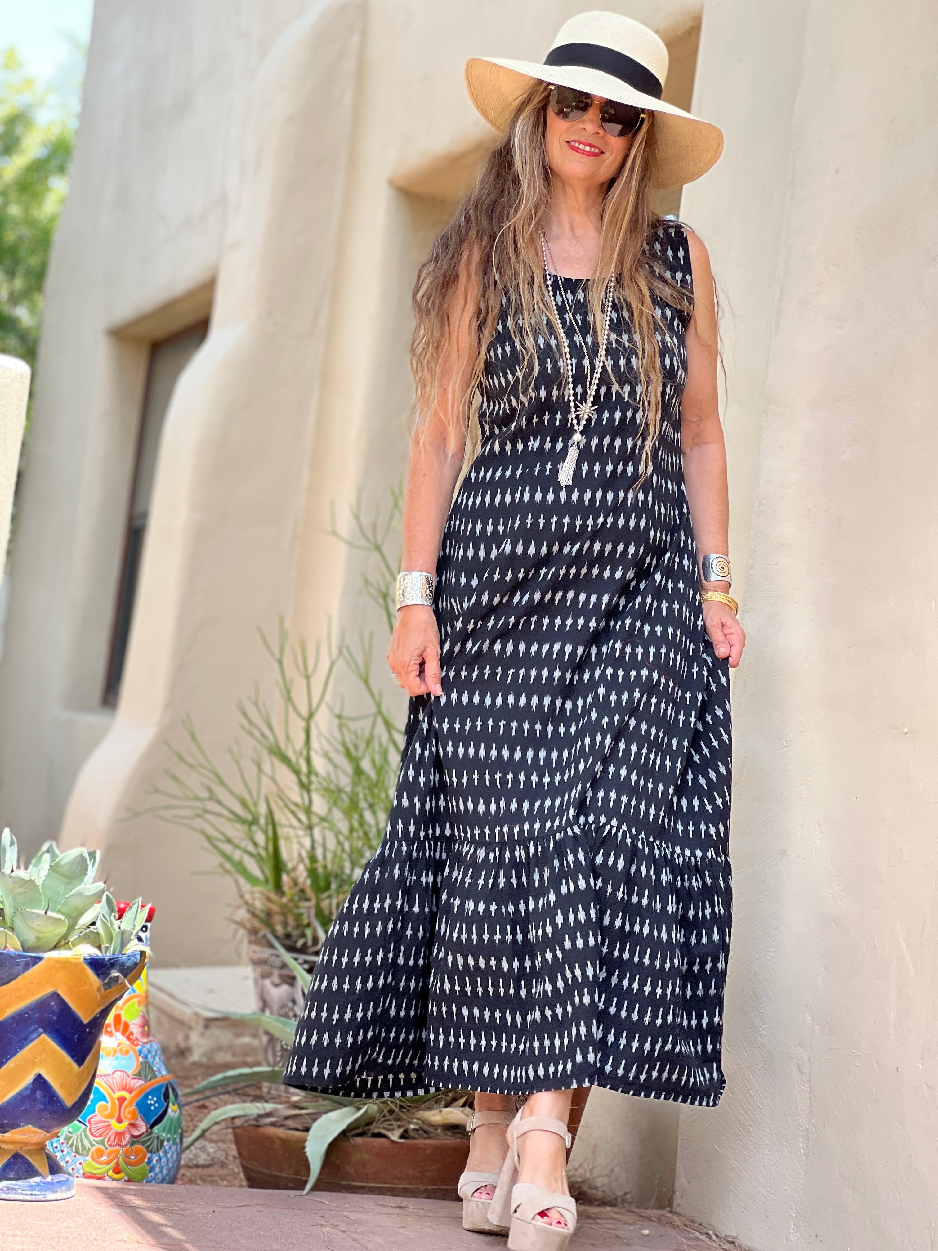 Black Madras Cotton Ikat Sleeveless Mermaid Dress