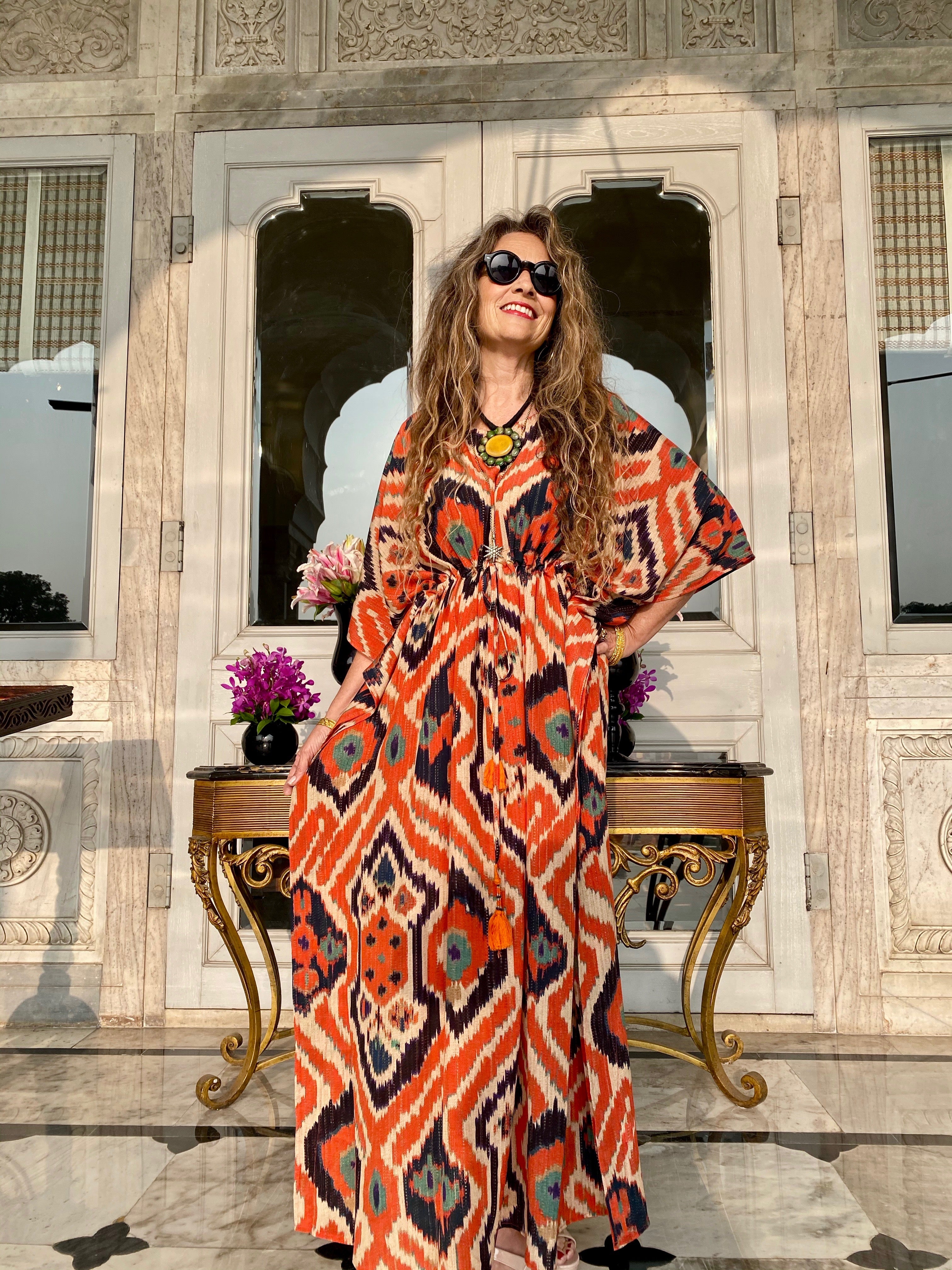 Angelo Tangelo Ikat Italian Silk Maxi Kaftan Dress