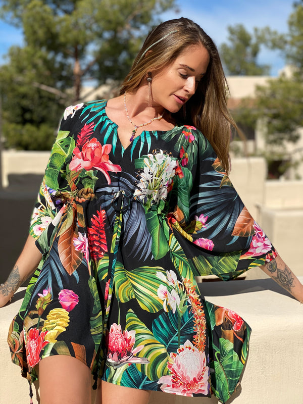 Black Botanica Italian Silk Short Kaftan