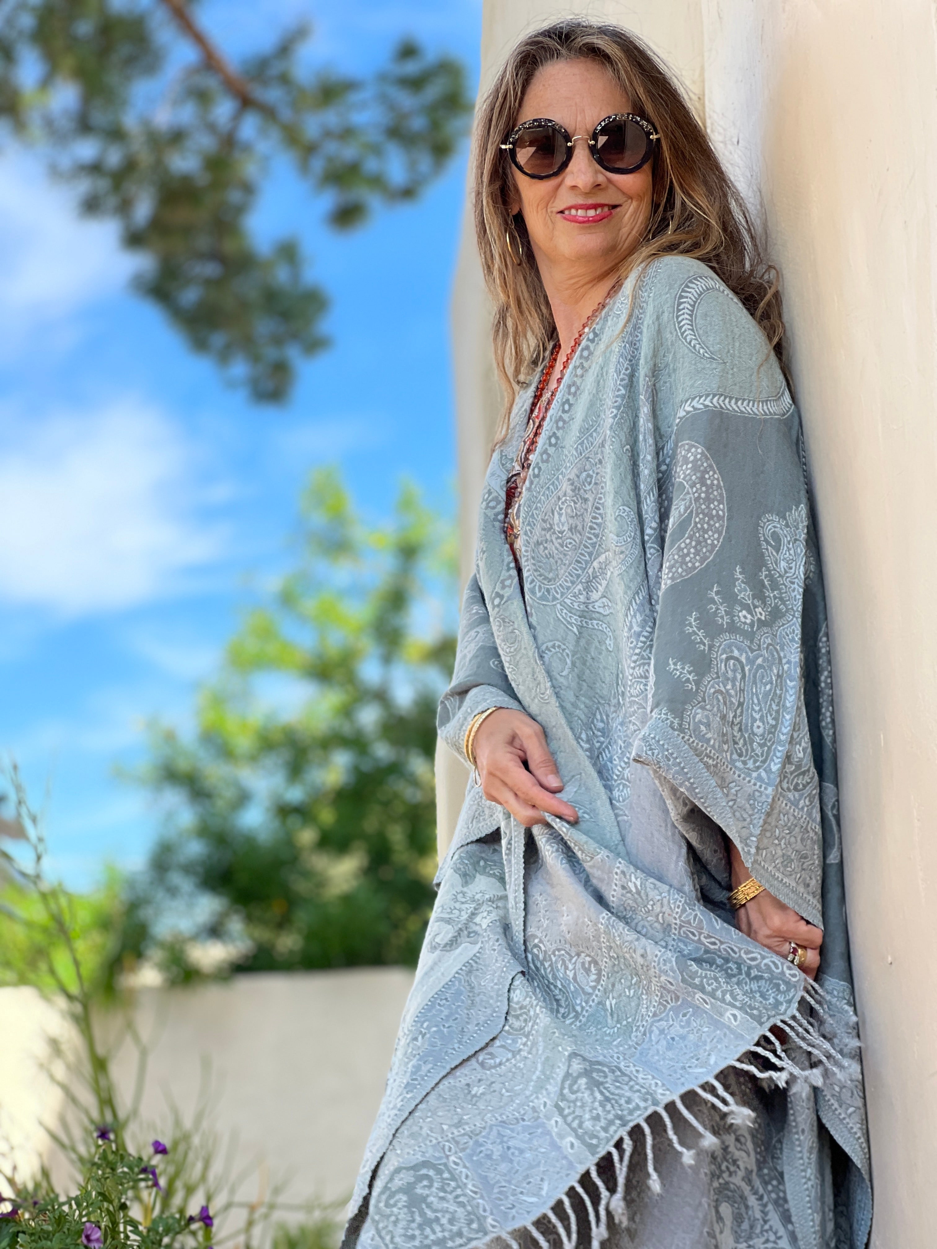 Powder Blue Paisley Wool Wrap Poncho