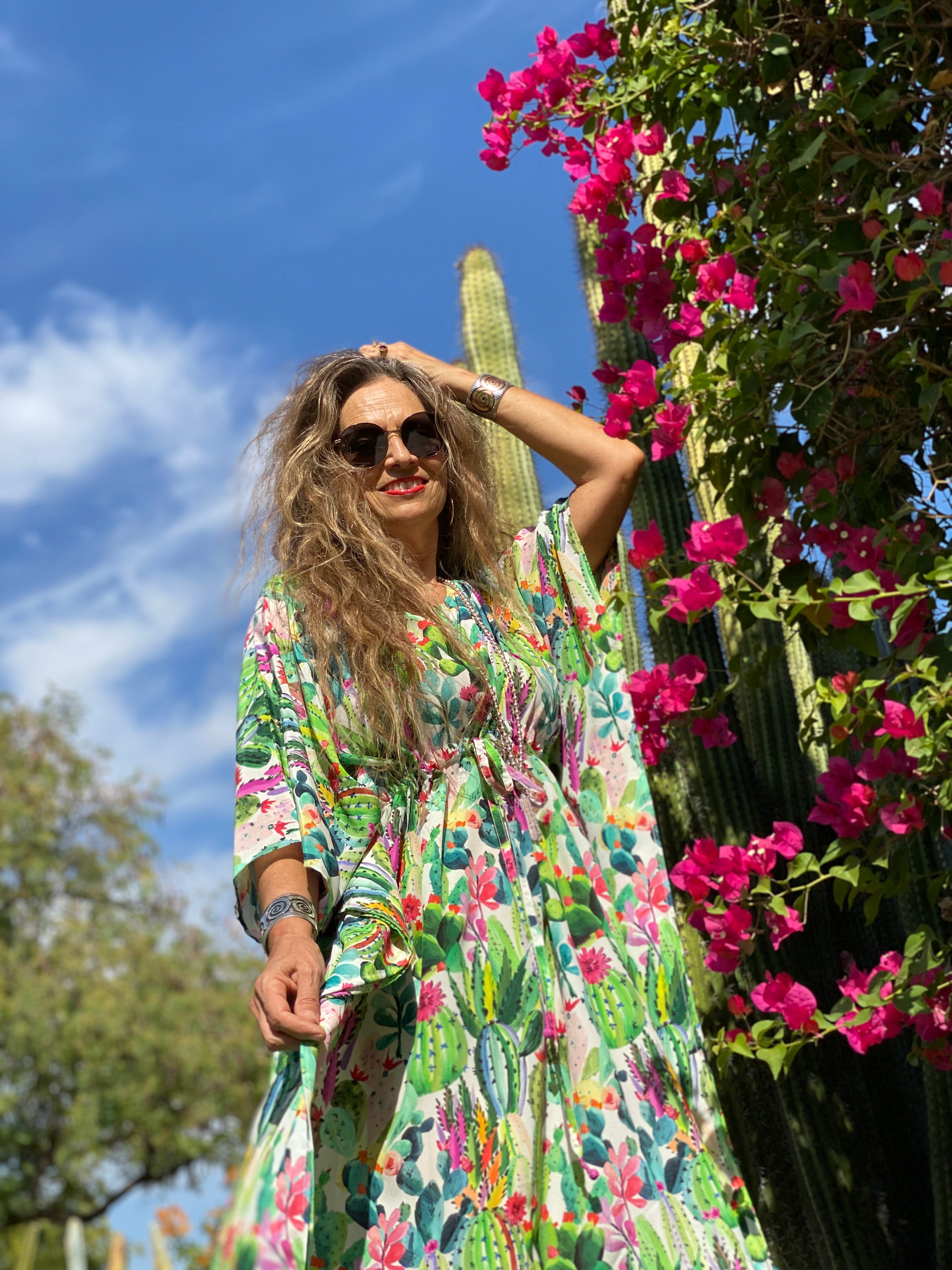 Primavera Cactus Italian Silk Midi Kaftan