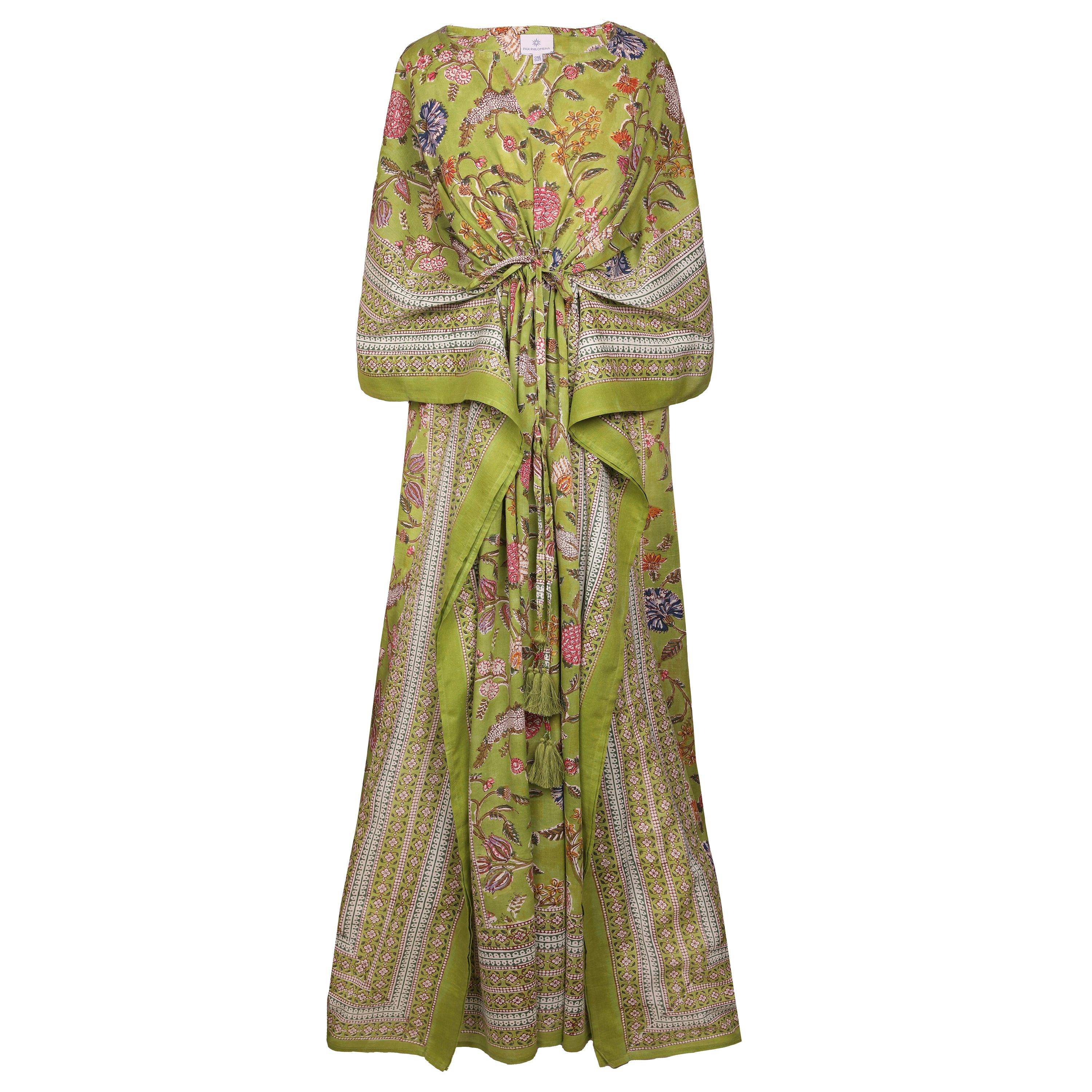 lime green block printed floral maxi kaftan dress by pax philomena with intricate border
